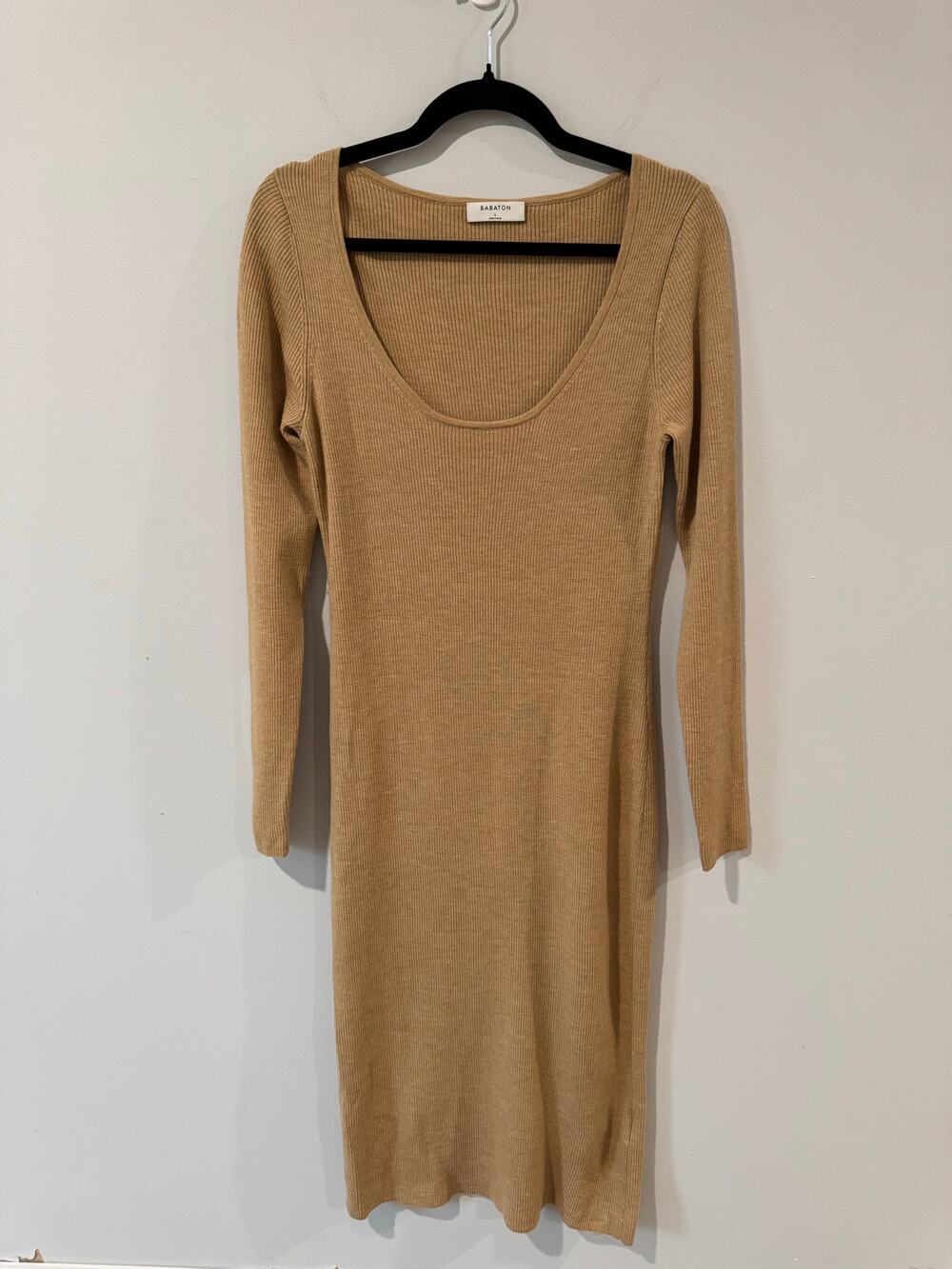 Babaton Rib Knit Wool-Blend Midi Dress Tan Size L